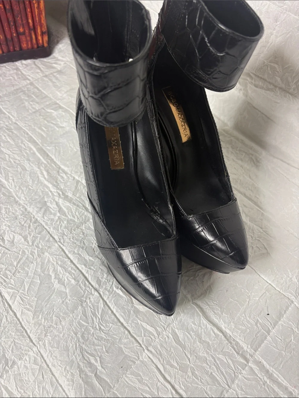 BCBGMaxAzria Black Croc-Embossed Pointed Ankle-Strap Wedged size 6 - Picture 1 of 9